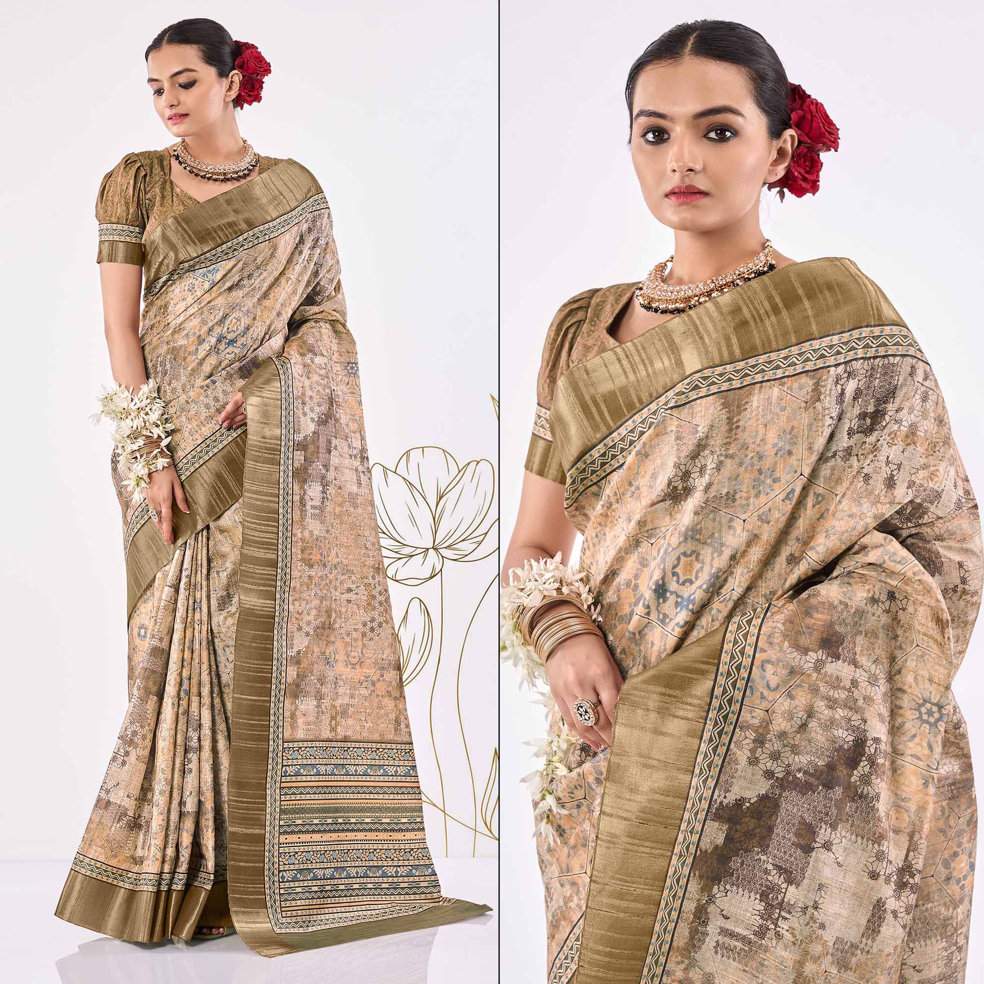 Beige Printed Art Silk Saree