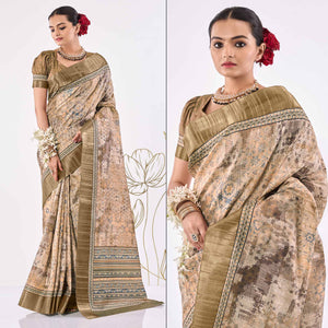 Beige Printed Art Silk Saree