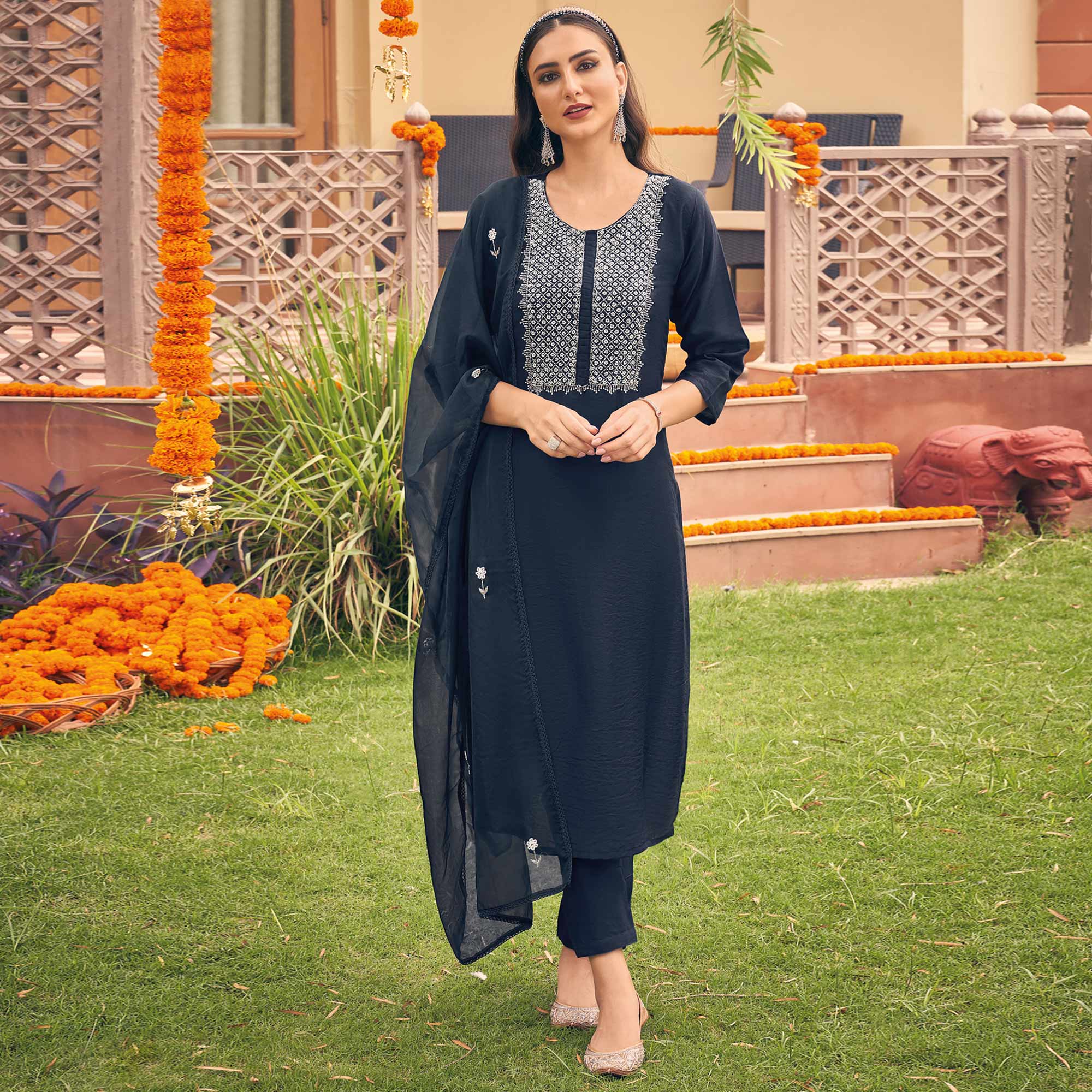 Navy Blue Embellished Viscose Salwar Suit