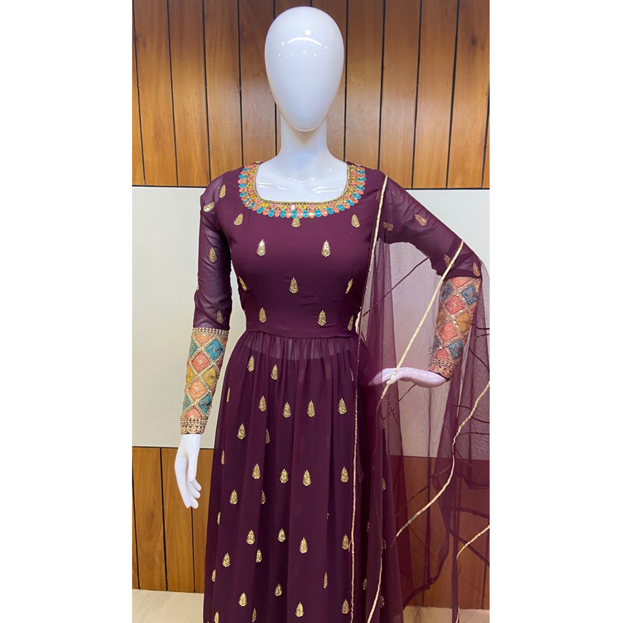 Wine Sequins Embroidered Georgette Naira Cut Suit