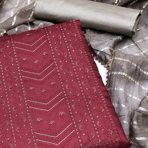 Maroon Floral Sequins Embroidered Raw Silk Dress Material