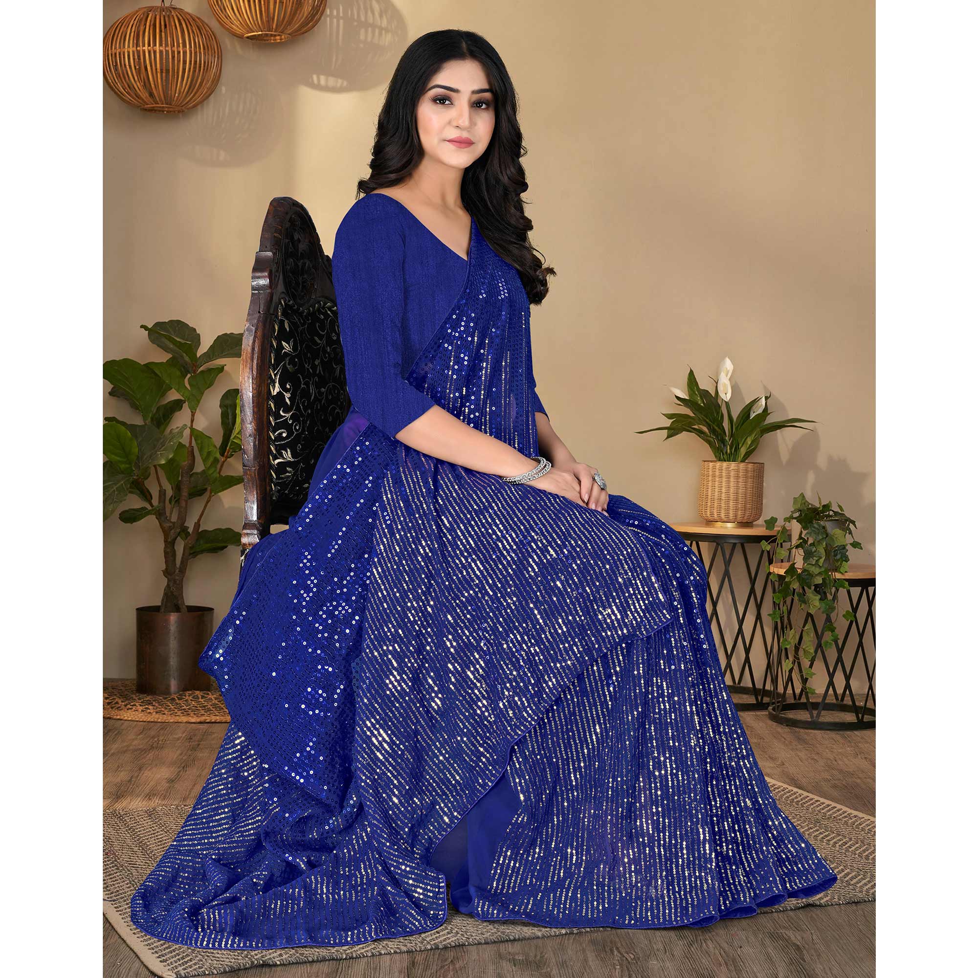 Blue Sequins Embroidered Georgette Saree