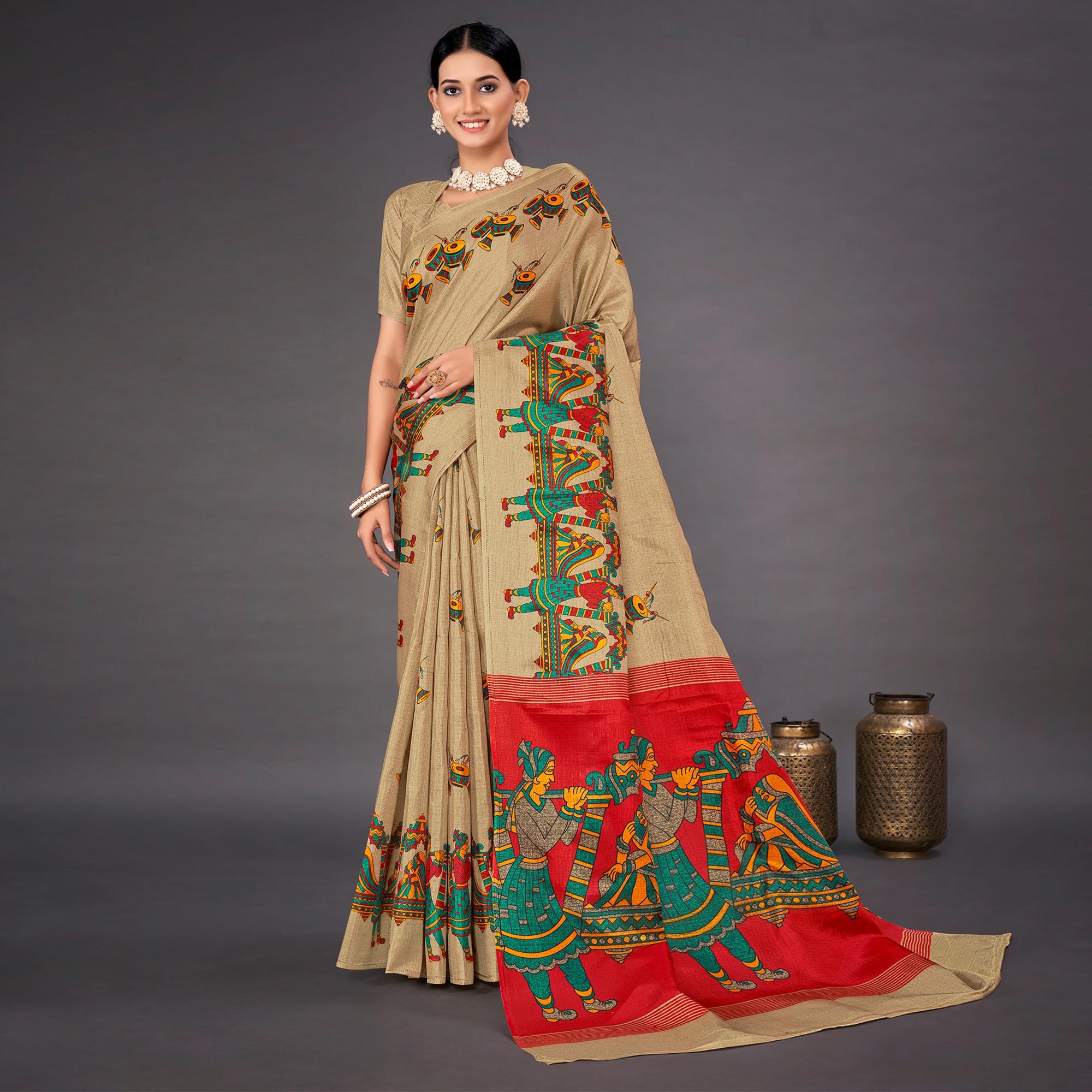 Beige Printed Bhagalpuri Silk Saree