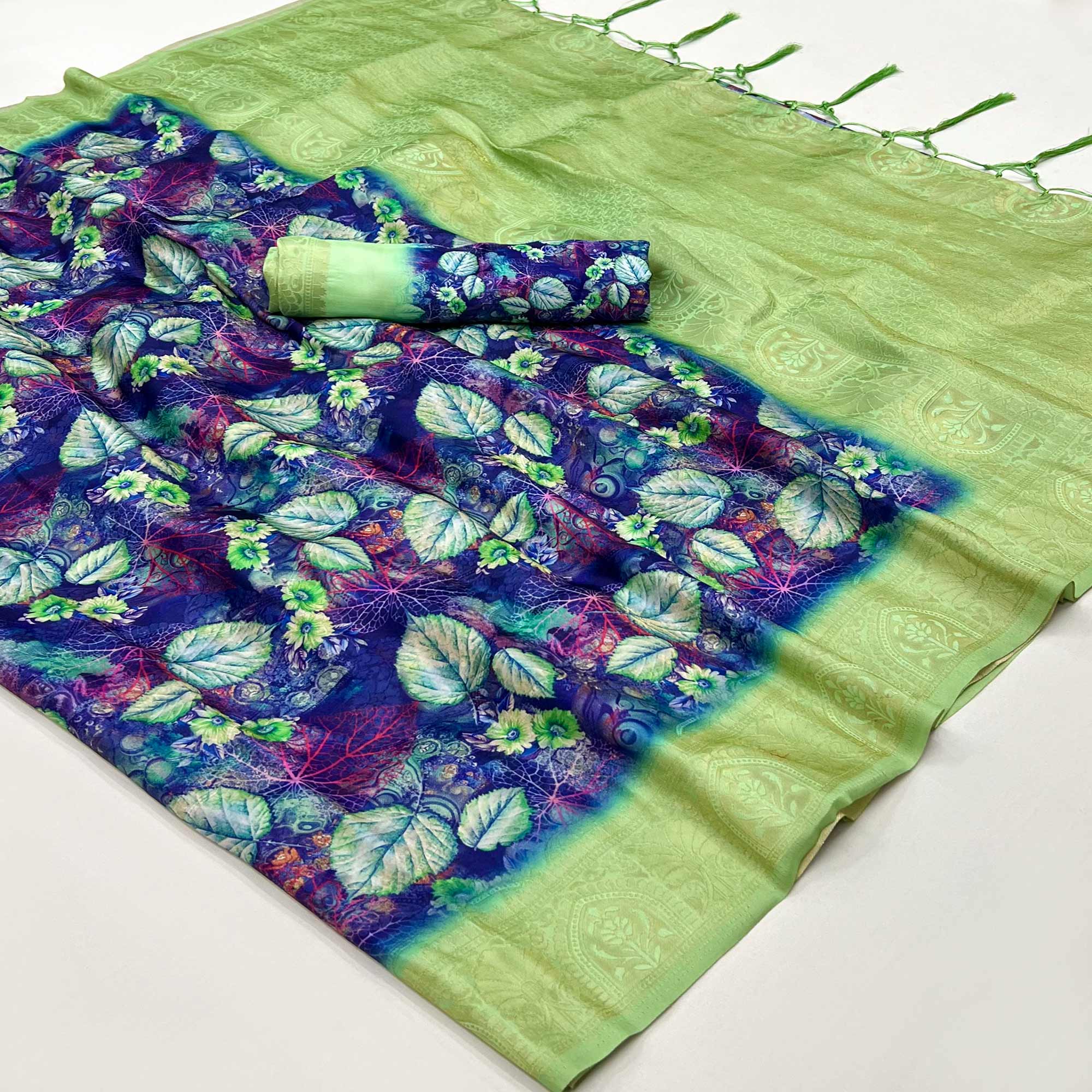 Blue & Green Floral Digital Printed Jacquard Saree