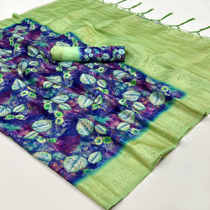 Blue & Green Floral Digital Printed Jacquard Saree