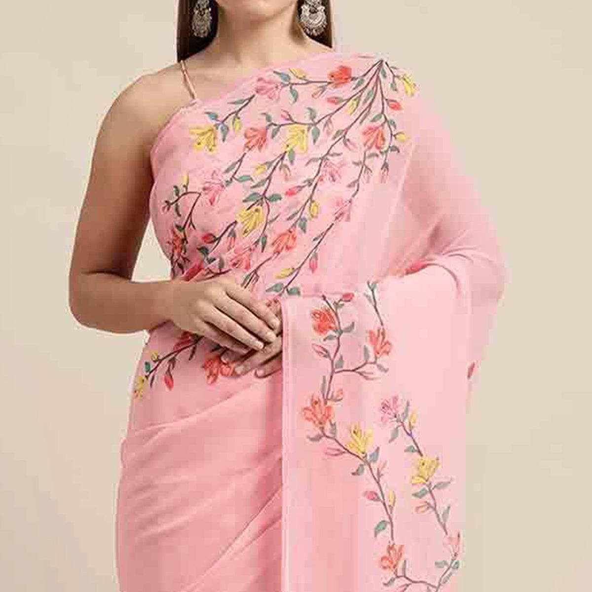 Pink Floral Digital Printed Georgette Saree