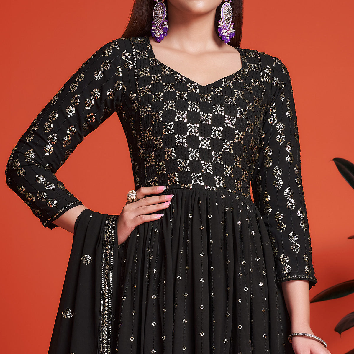 Black Sequins Embroidered Georgette Gown With Dupatta