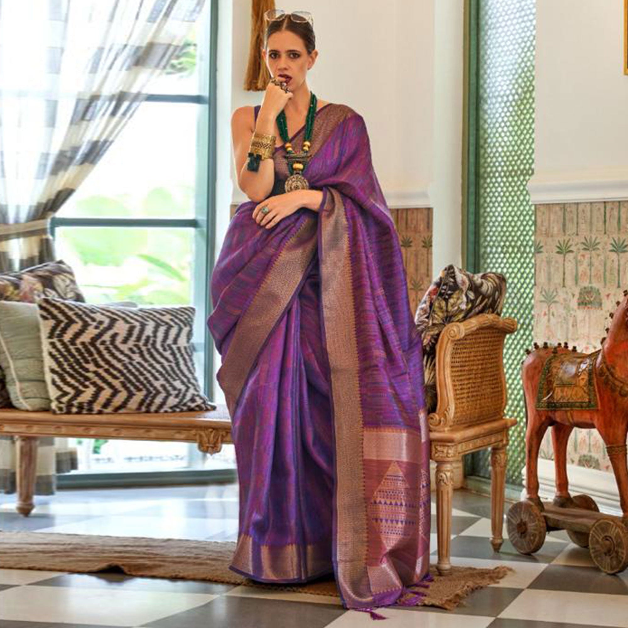 Purple Woven Organza Saree With Tassels