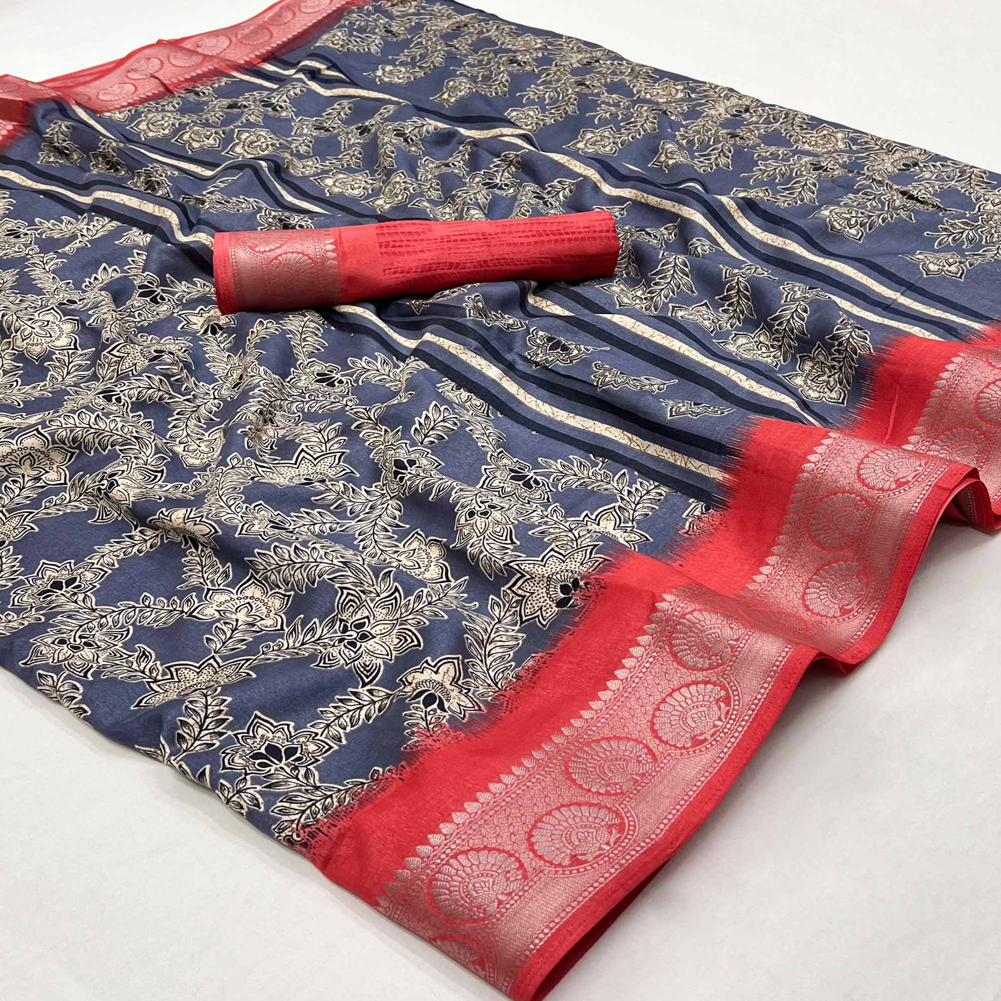 Grey Floral Printed With Woven Border Dola Silk Saree