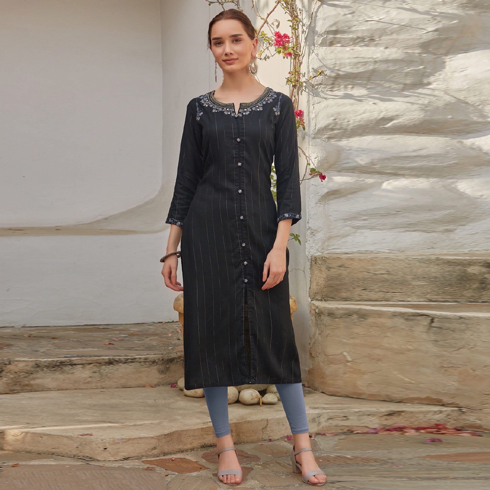 Black Floral Embroidered Cotton Blend Kurti