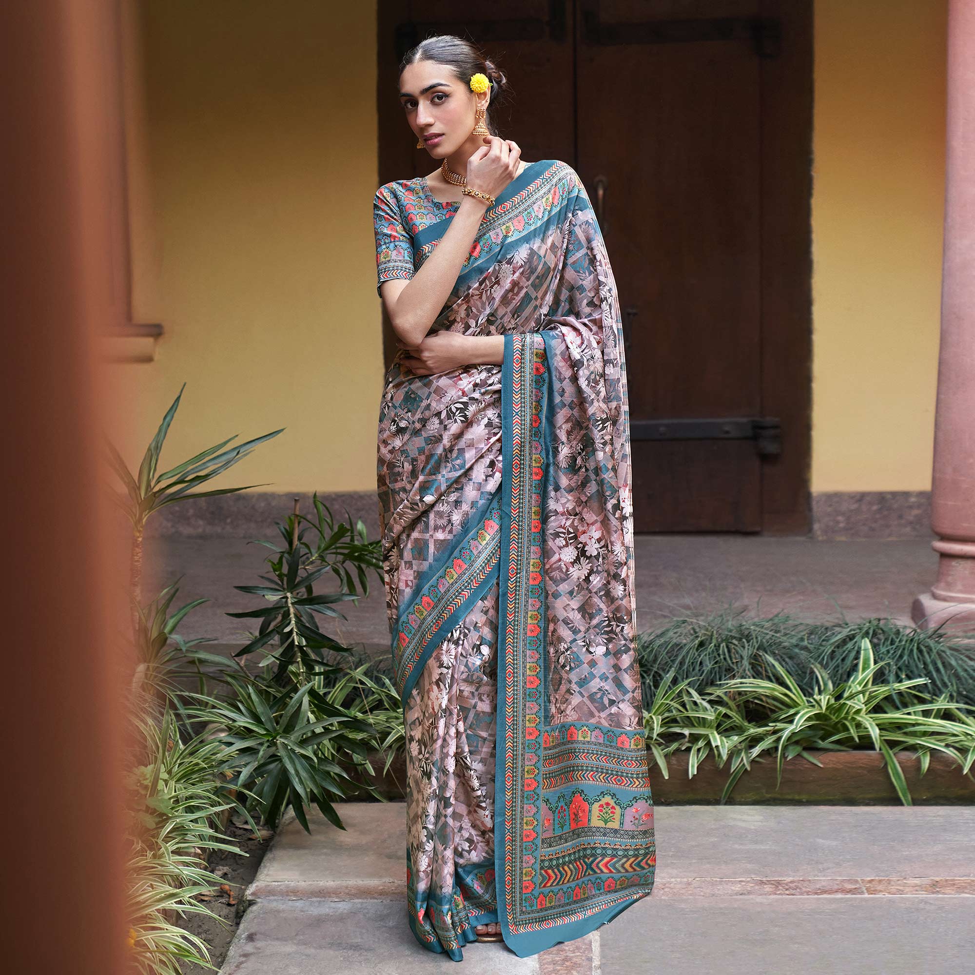 Mauve Digital Printed Satin Saree