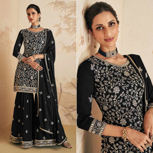 Black Sequins Embroidered Georgette Semi Stitched Sharara Suit