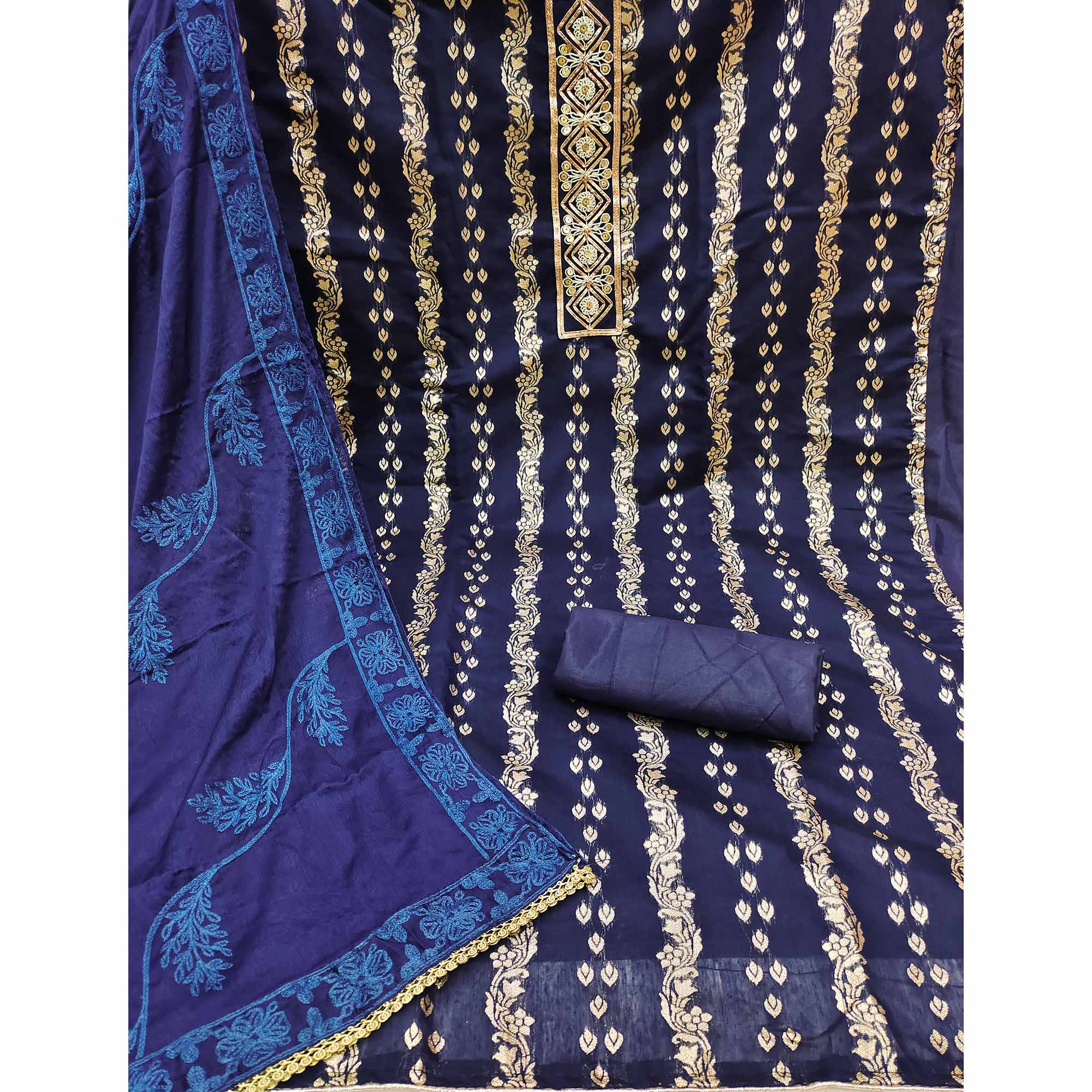 Navy Blue Woven Banarasi Silk Dress Material