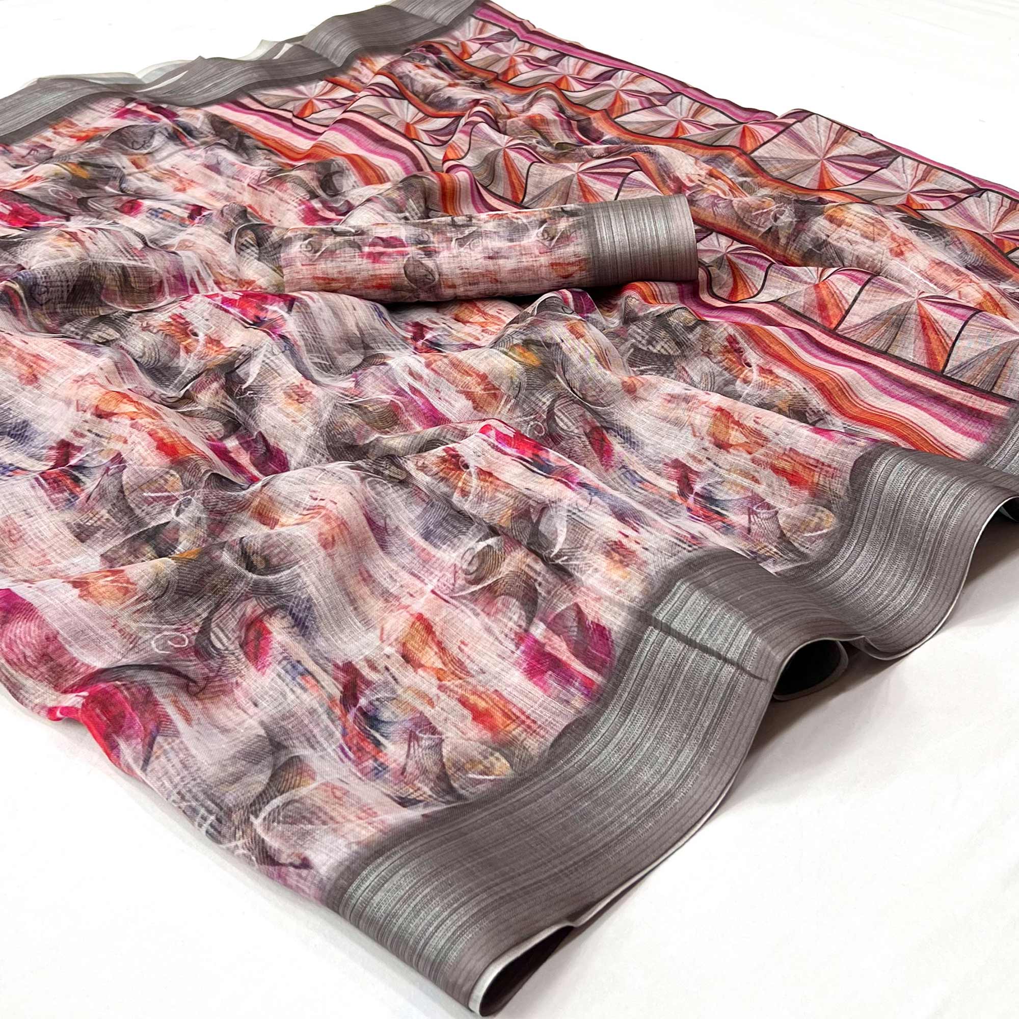 Multicolor Digital Printed Linen Saree