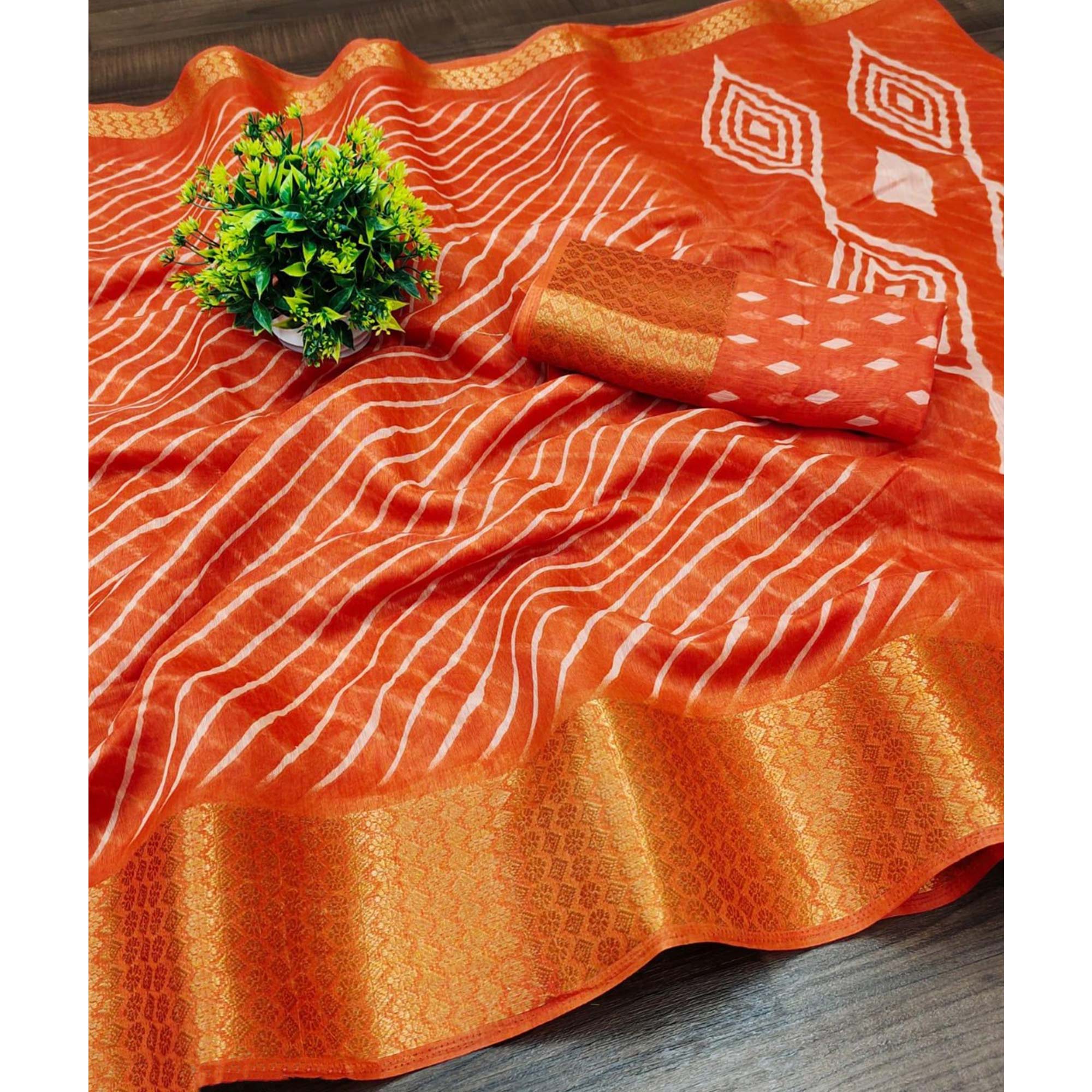 Orange Striped Printed Linen Saree