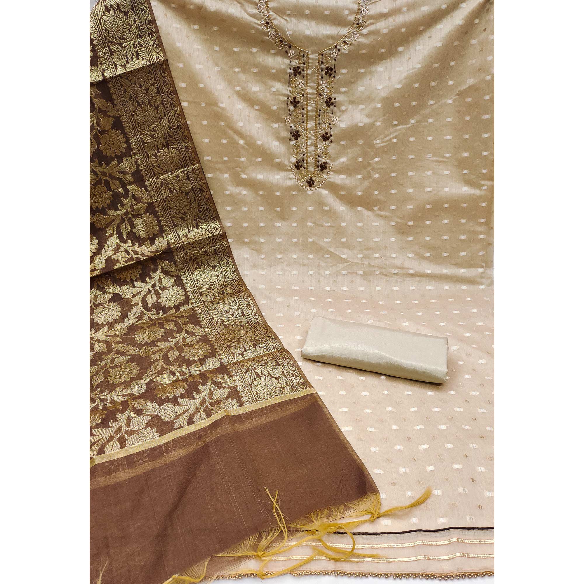 Beige Woven Banarasi Silk Dress Material