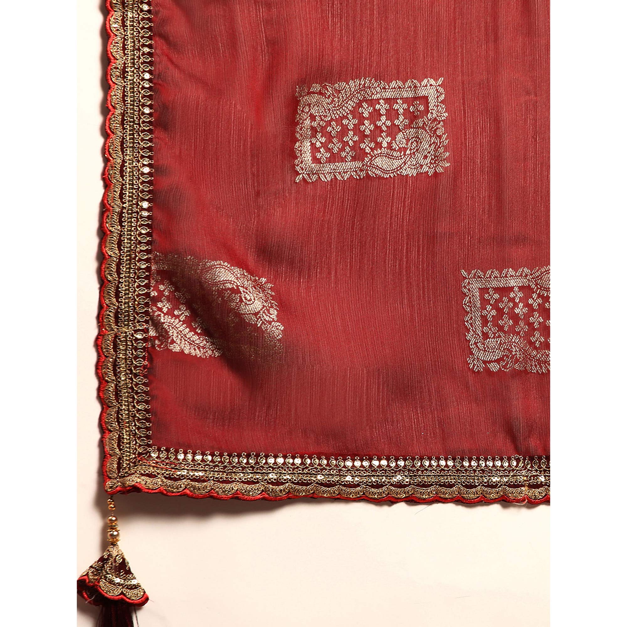 Maroon Foil Printed With Embroidered Border Chiffon Saree