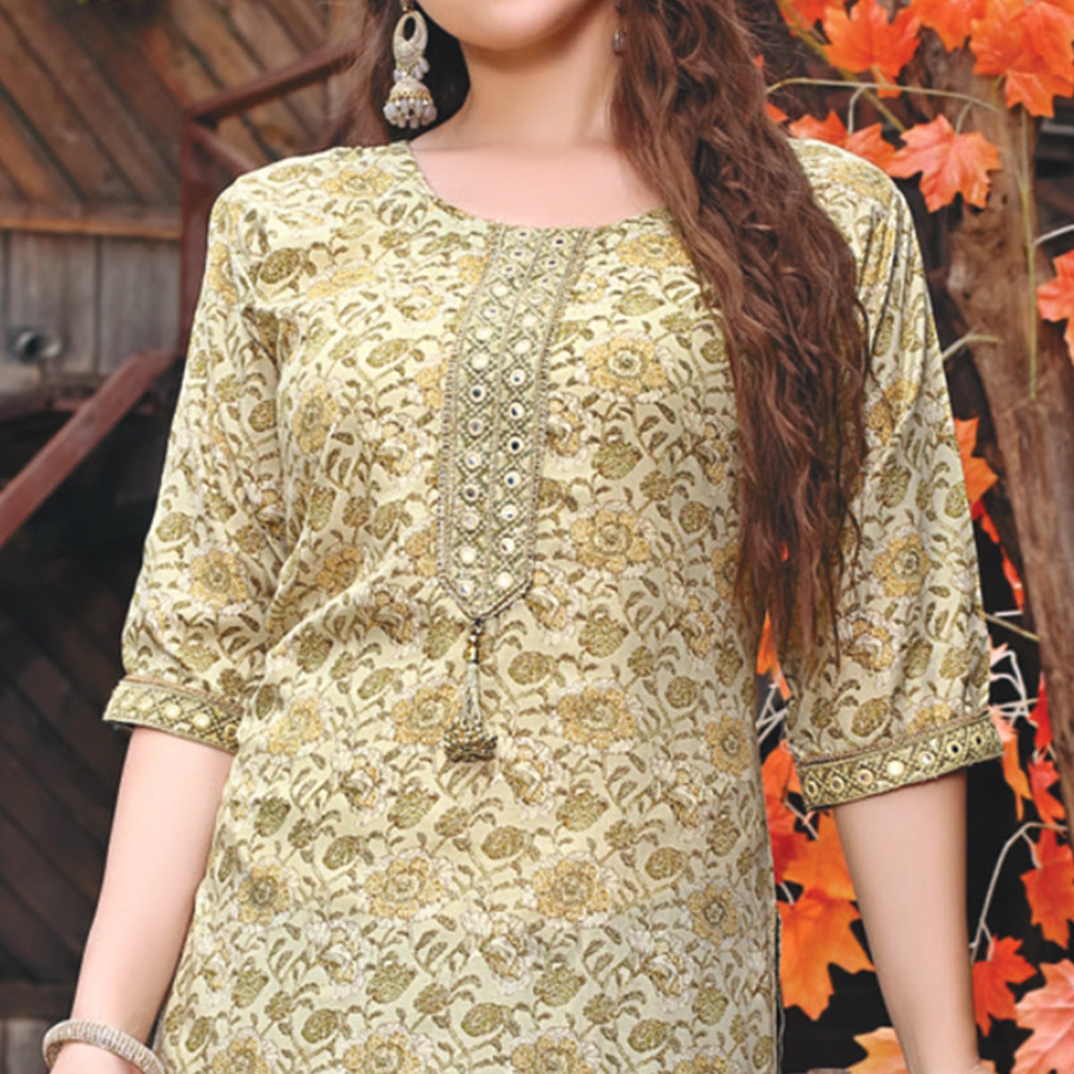 Beige Printed Muslin Kurti