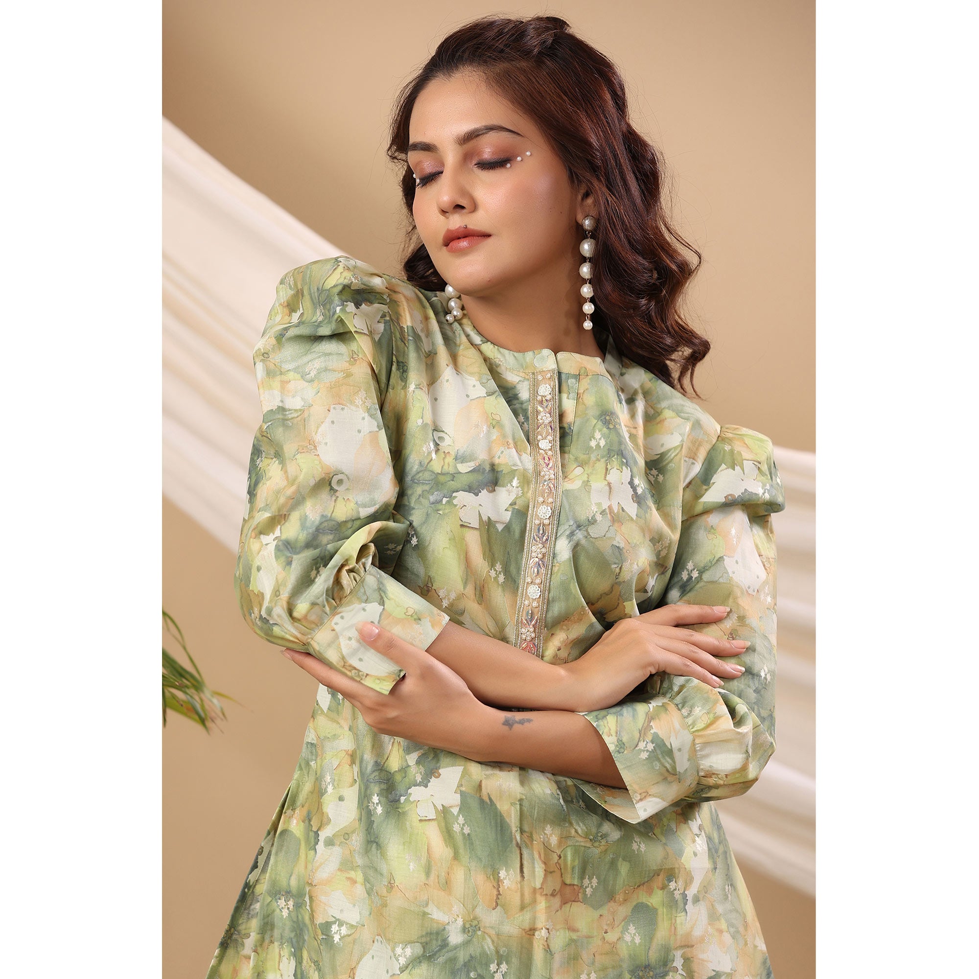 Green Floral Printed Cotton Silk Co Ord Set