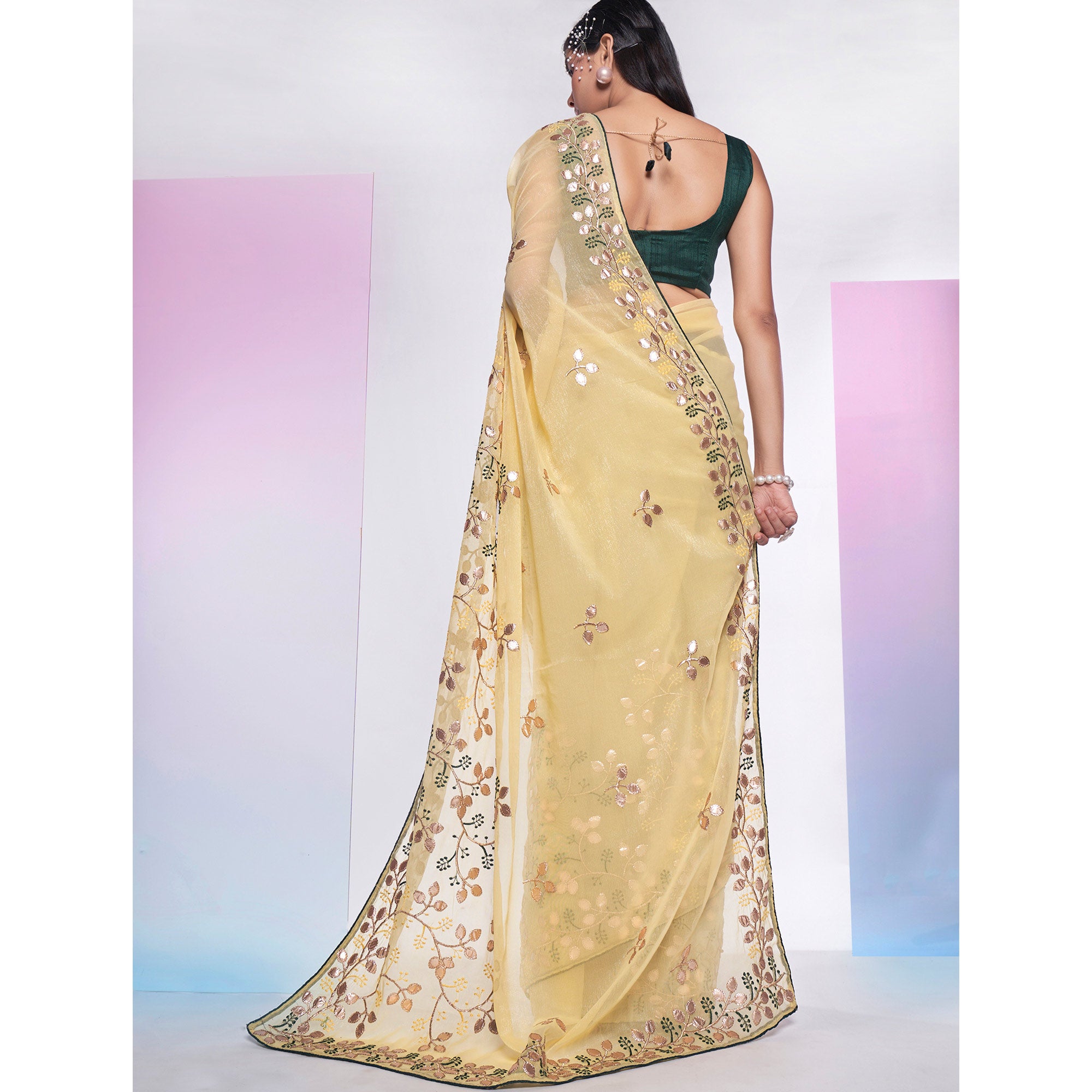 Yellow Floral Embroidered Georgette Saree