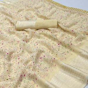 Cream Printed Georgette Saree With Tassels