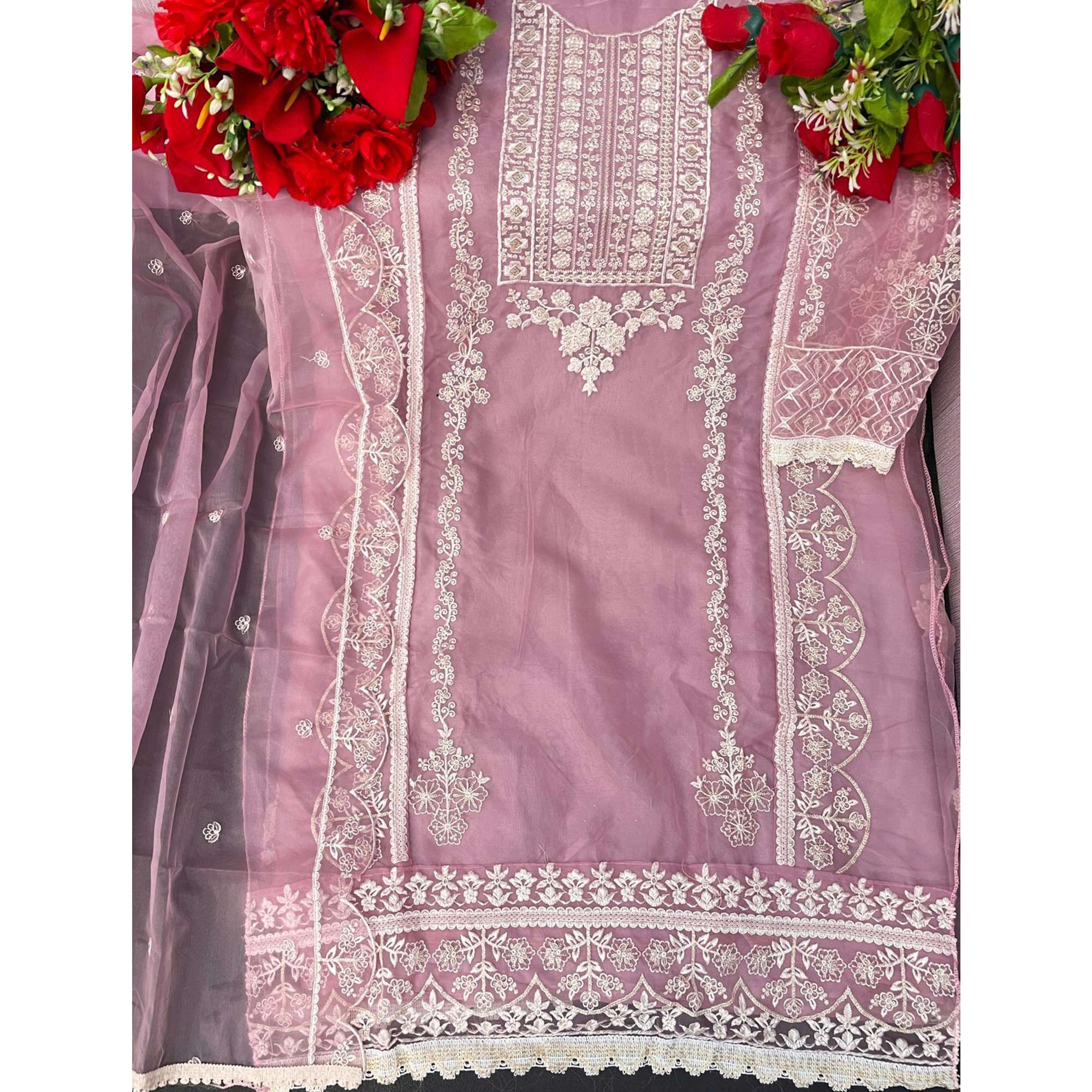 Pink Floral Embroidered Organza Pakistani Suit