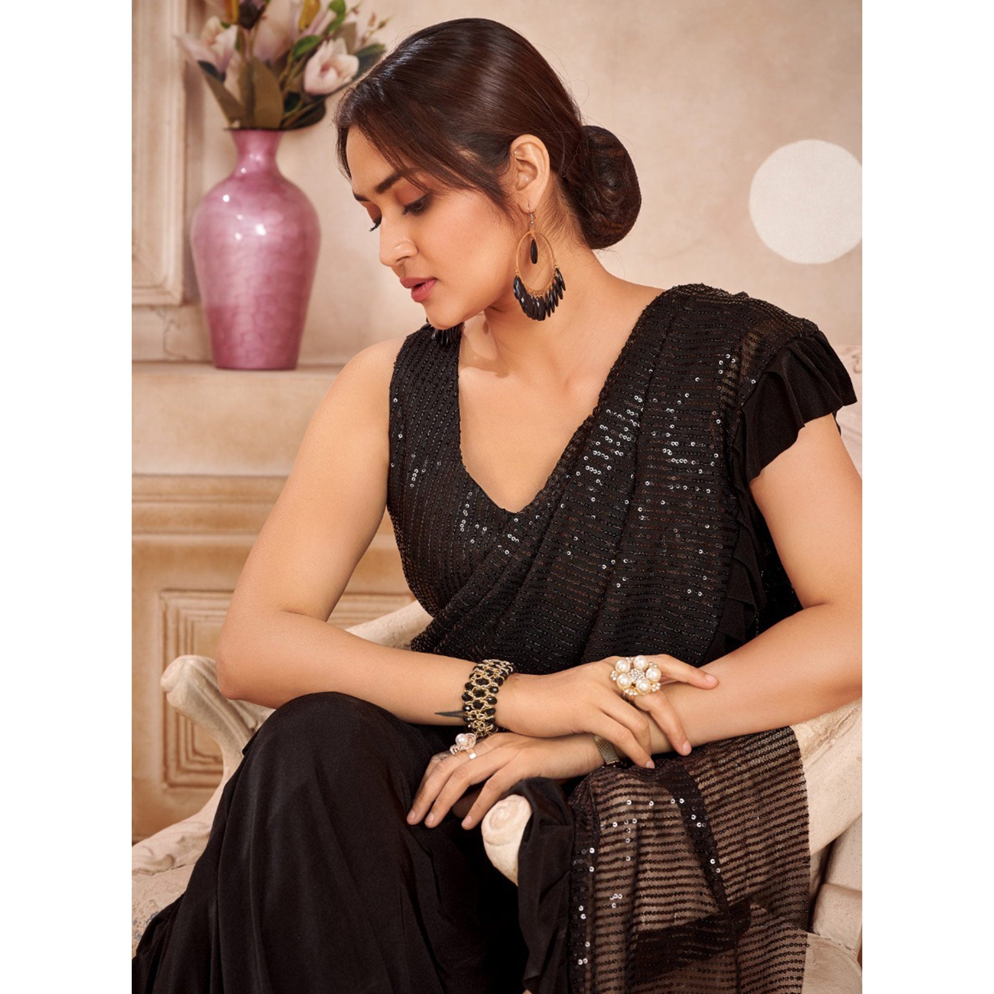 Black Sequins Embroidered Ready to Wear Lycra And Netted Saree