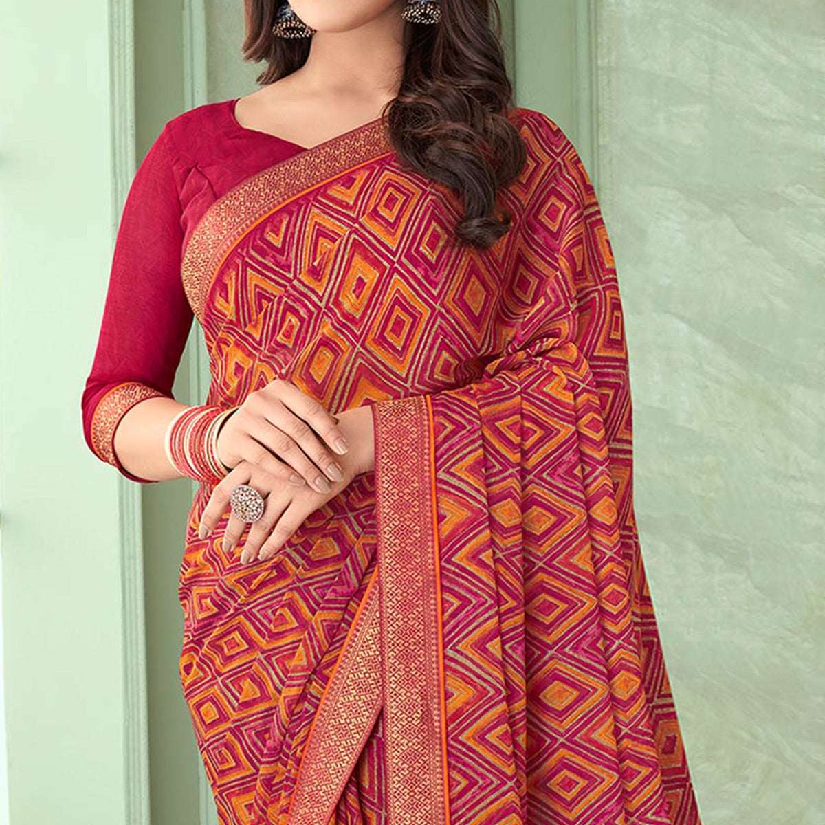 Rani Pink Digital Printed Chiffon Saree With Lace Border