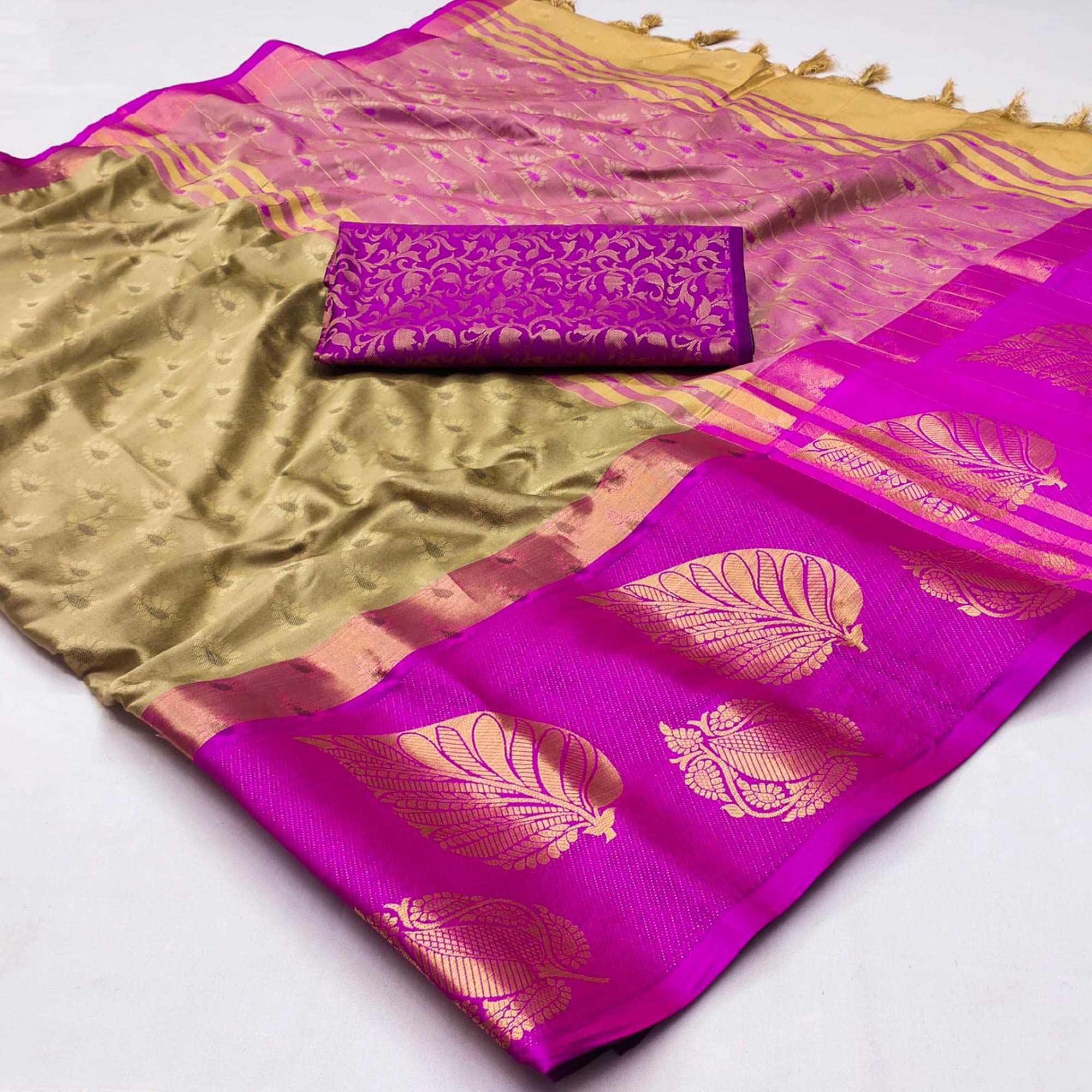 Chikoo Woven Cotton Silk Saree With Tassels