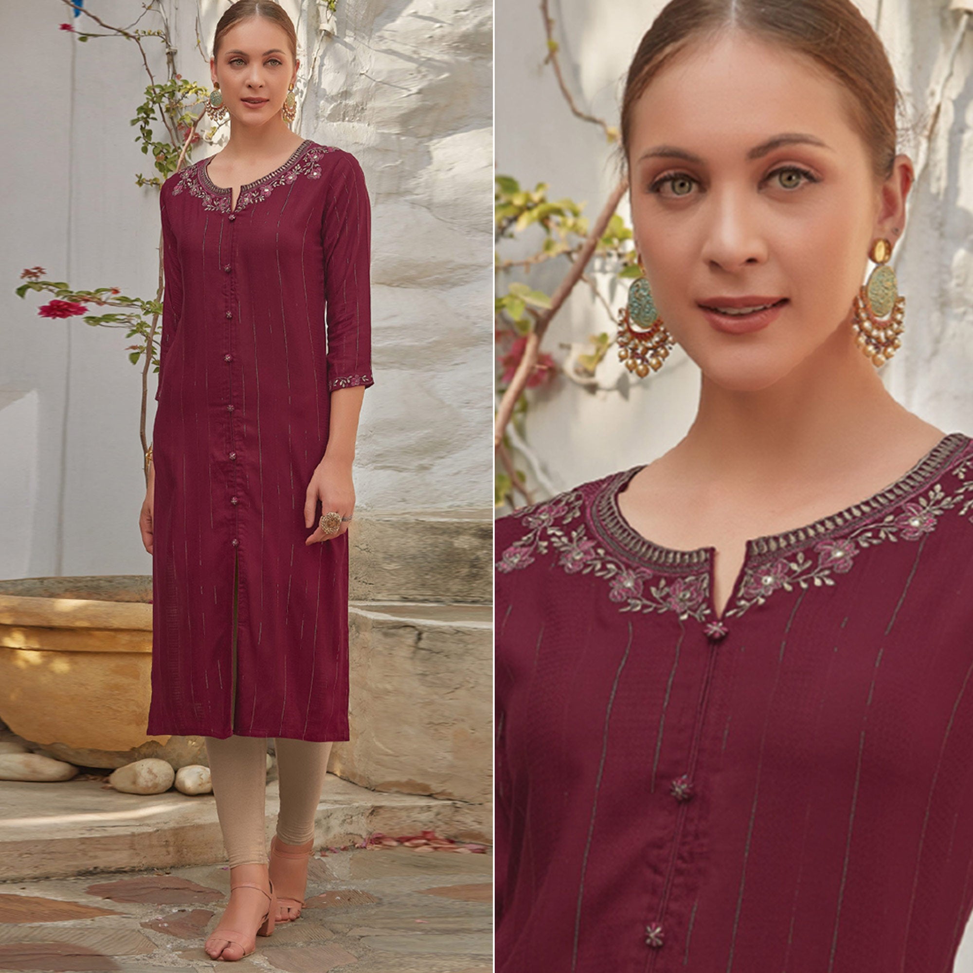 Maroon Floral Embroidered Cotton Blend Kurti