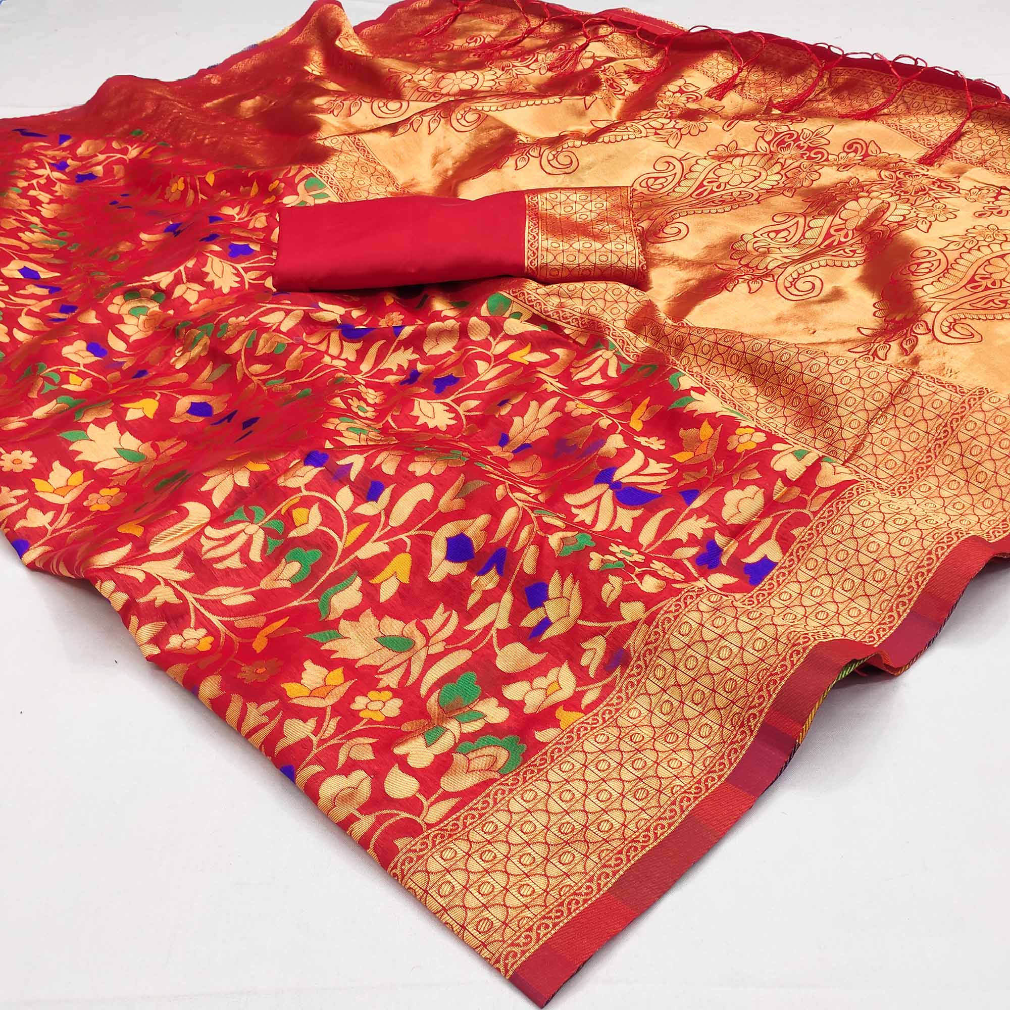 Red Floral Woven Art Silk Saree