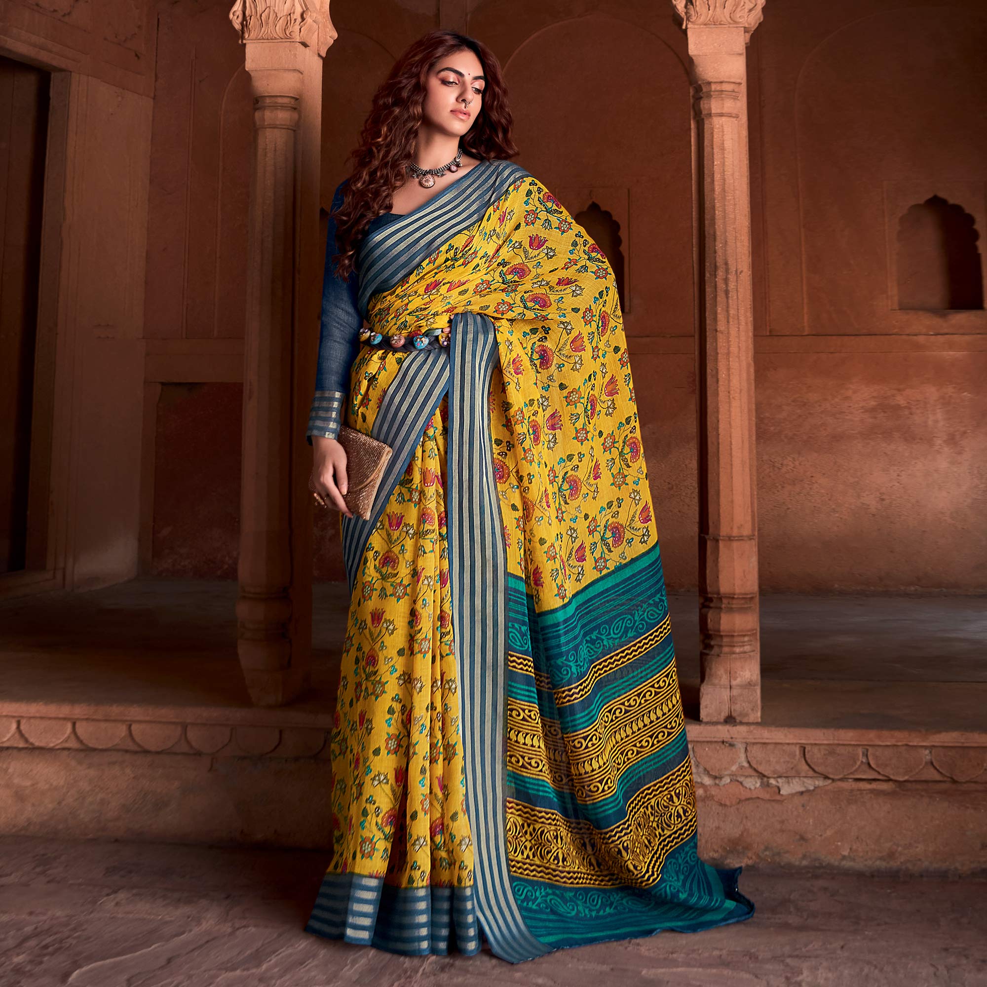 Yellow Floral Printed Linen Saree