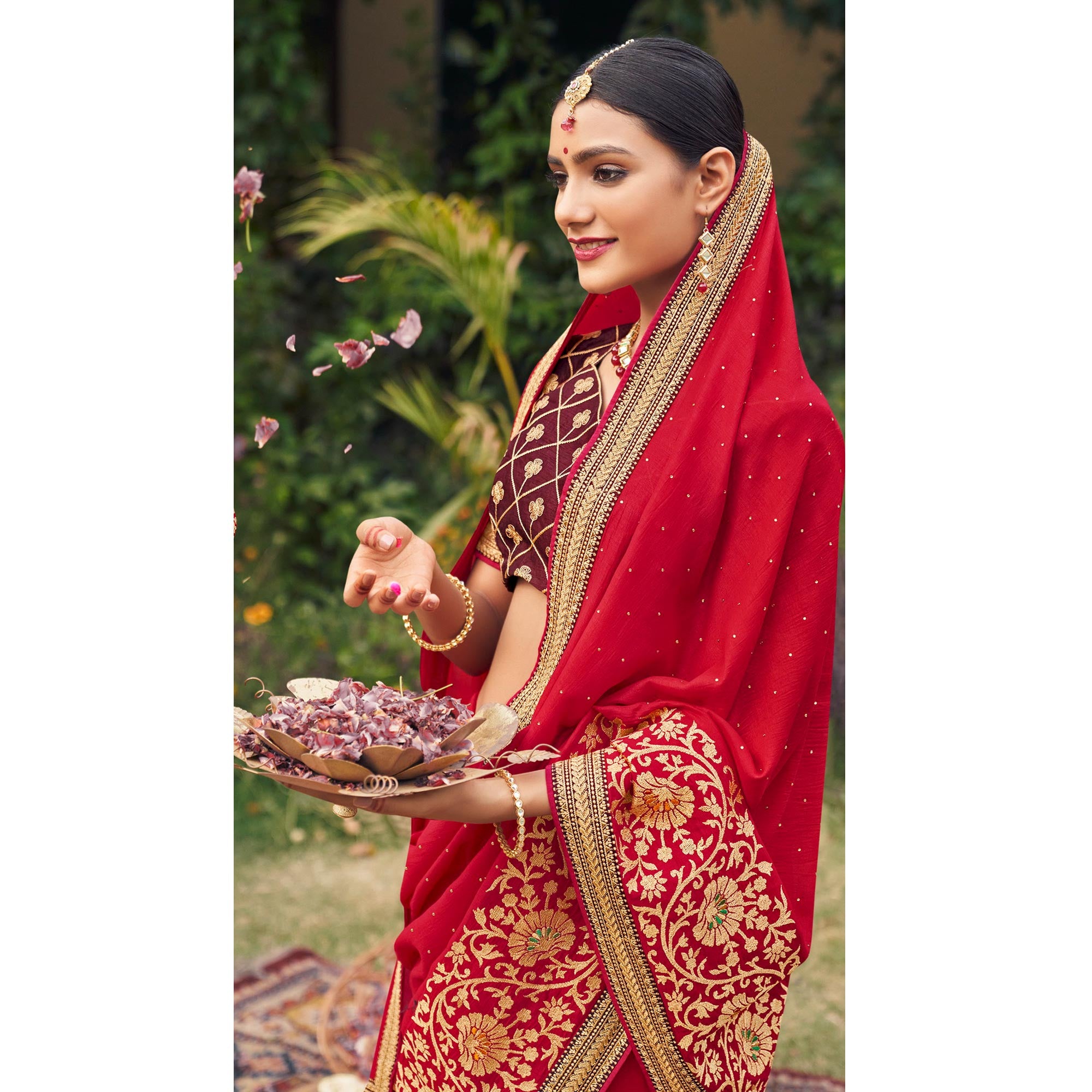 Red Embroidered With Stone Work Vichitra Silk Saree