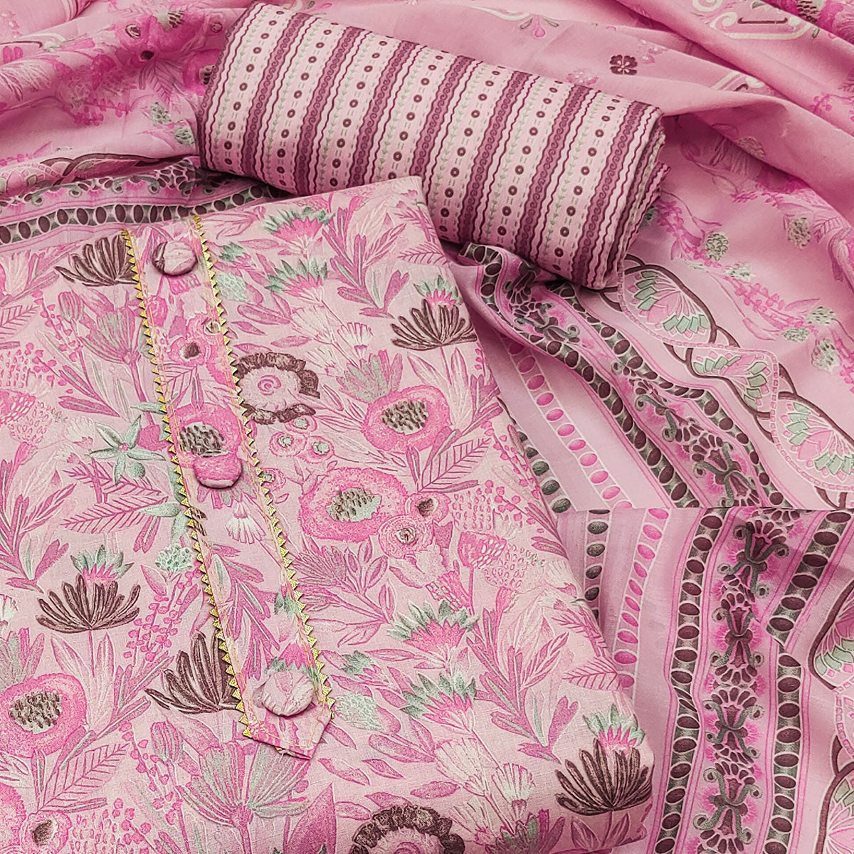 Pink Floral Printed Cotton Blend Dress Material