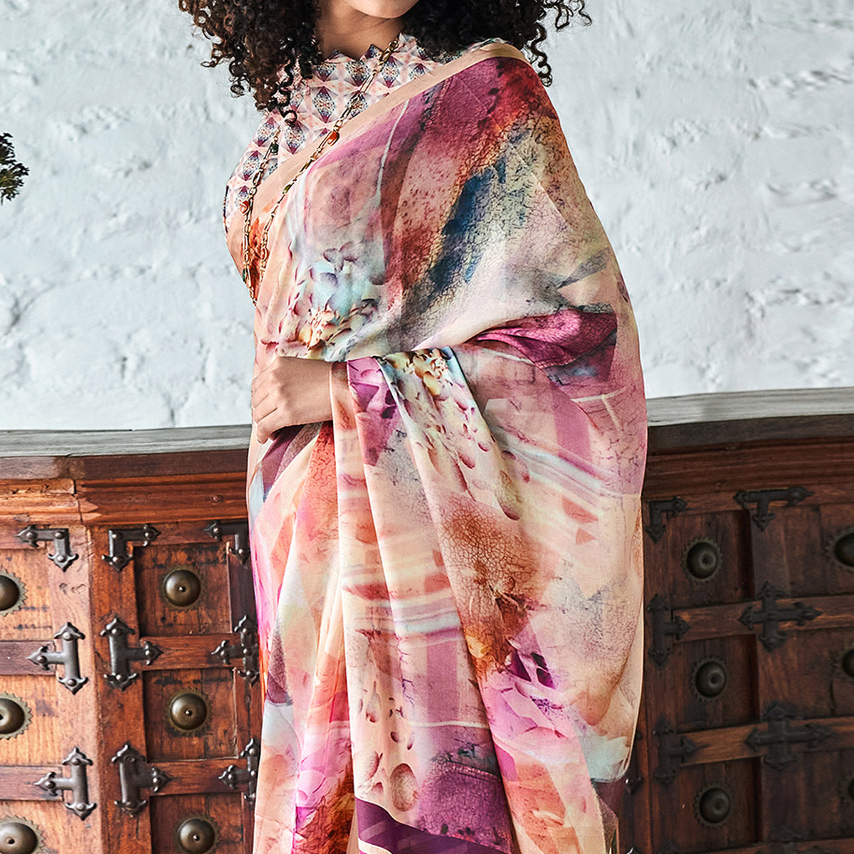 Peach Digital Printed Satin Saree