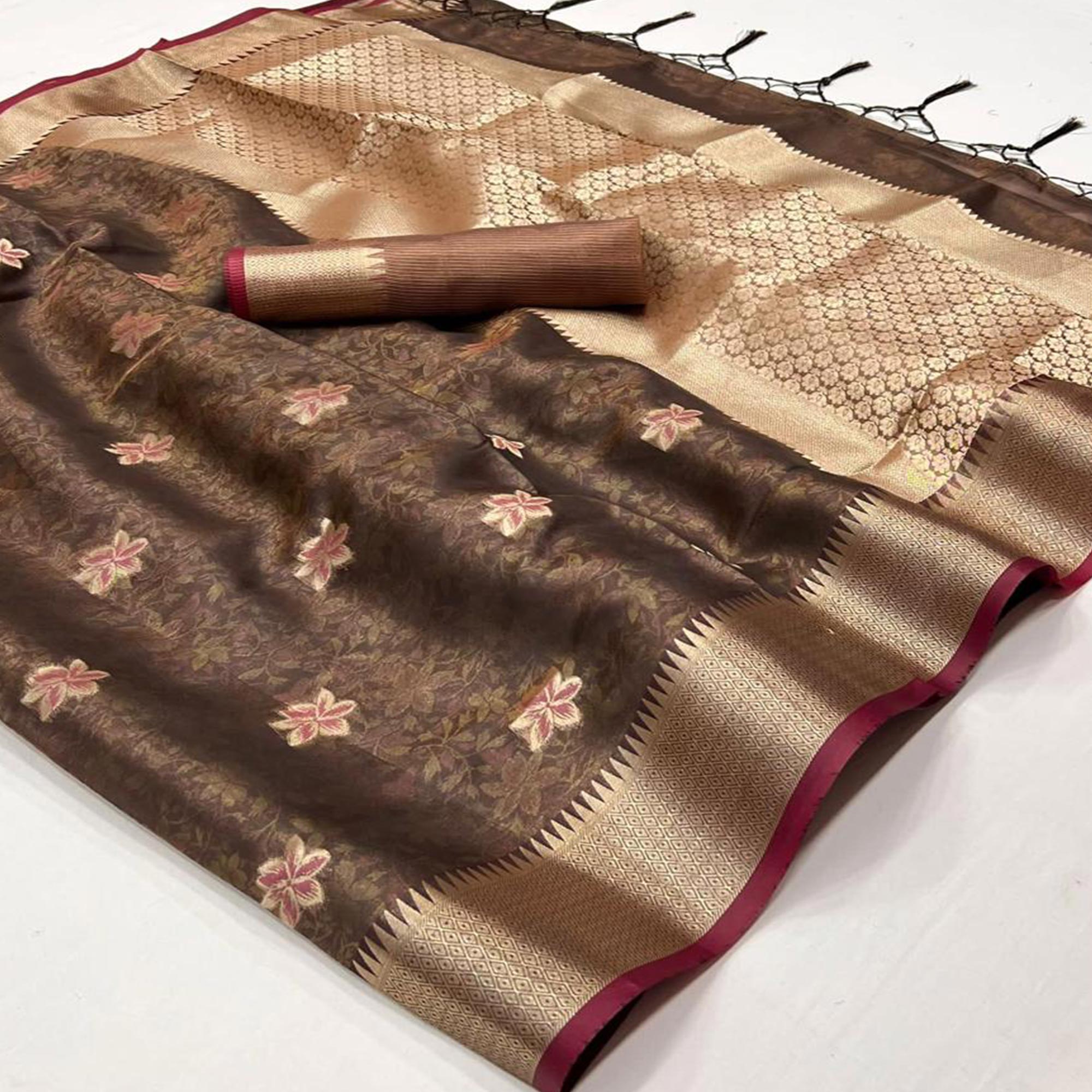 Coffee Brown Woven Organza Saree With Tassels