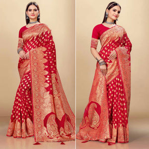Red Woven Art Silk Saree With Tassels