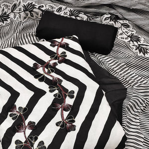 White & Black Printed With Embroidered Pure Cotton Dress Material