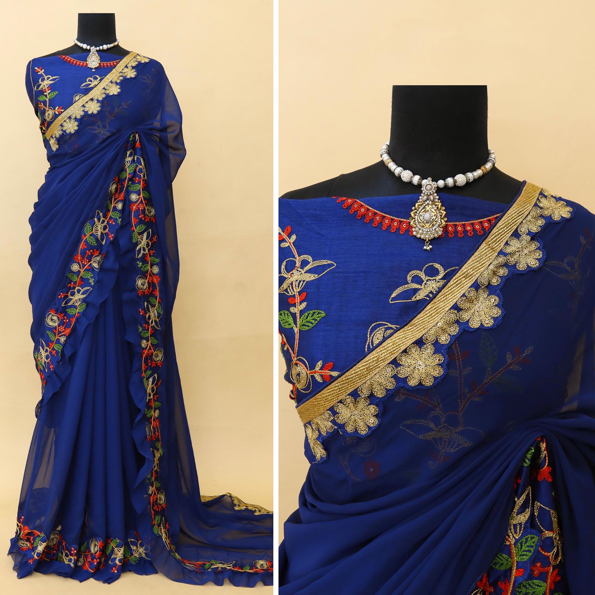 Navy Blue Embroidered Georgette Saree