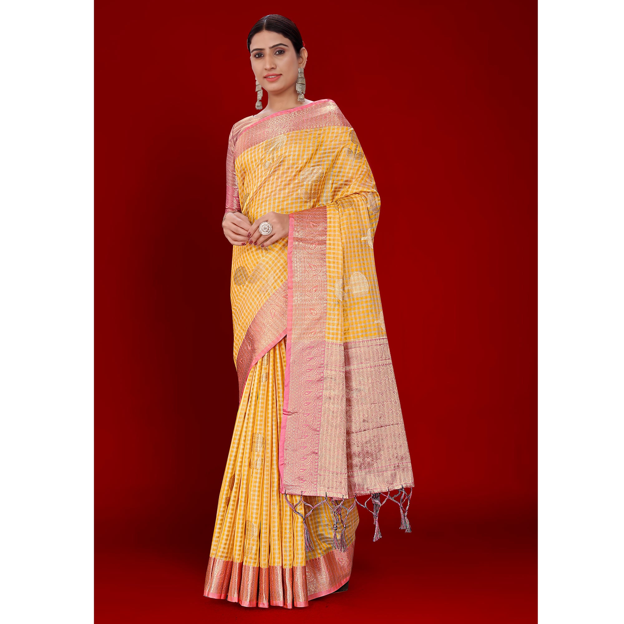 Mustard Floral Woven Organza Saree With Tassels
