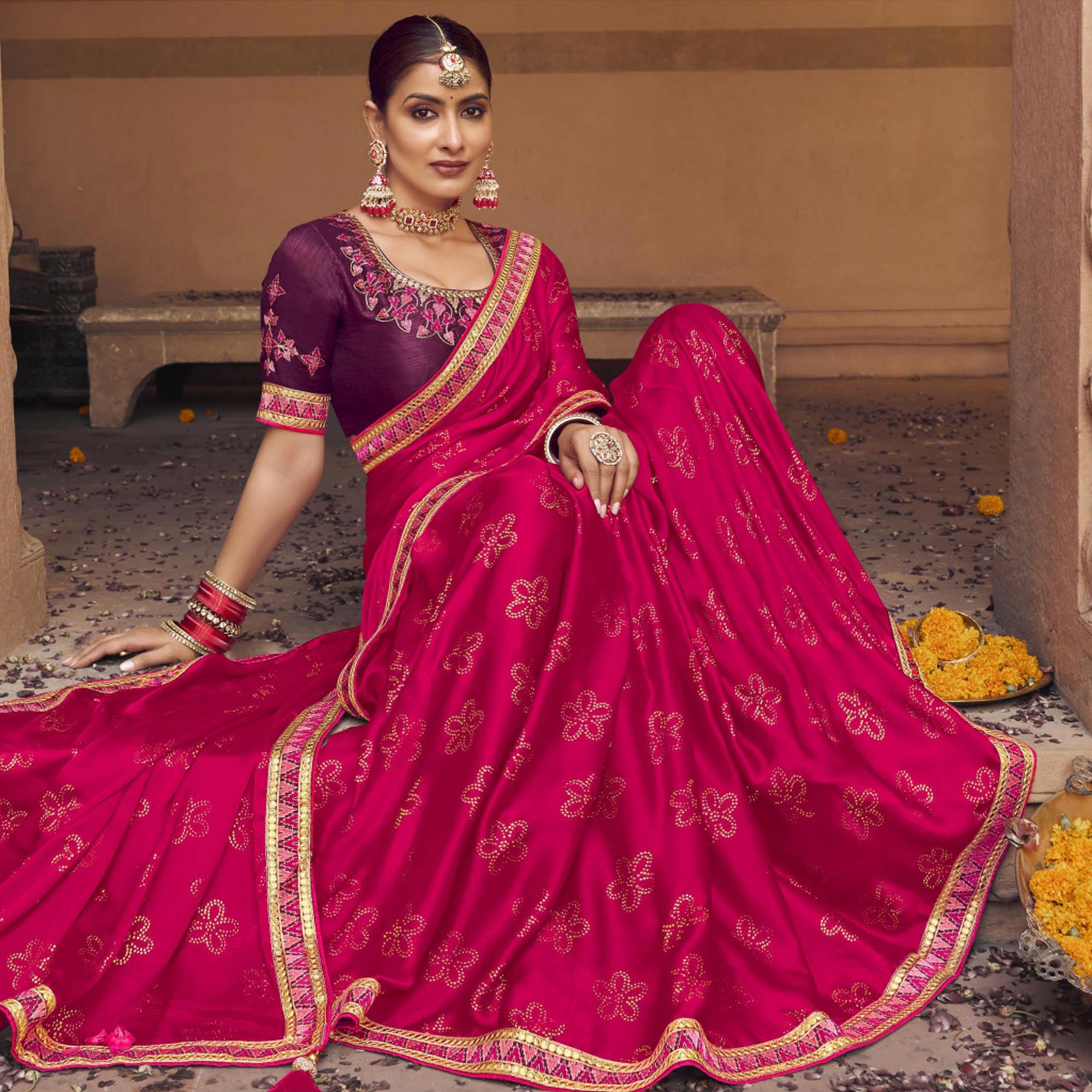 Rani Pink Embellished With Embroidered Border Satin Saree