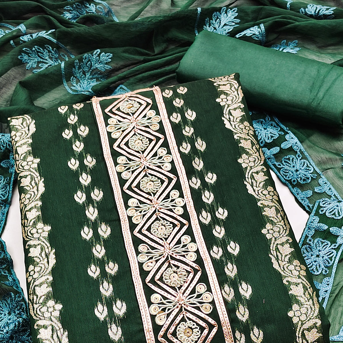 Green Woven Banarasi Silk Dress Material