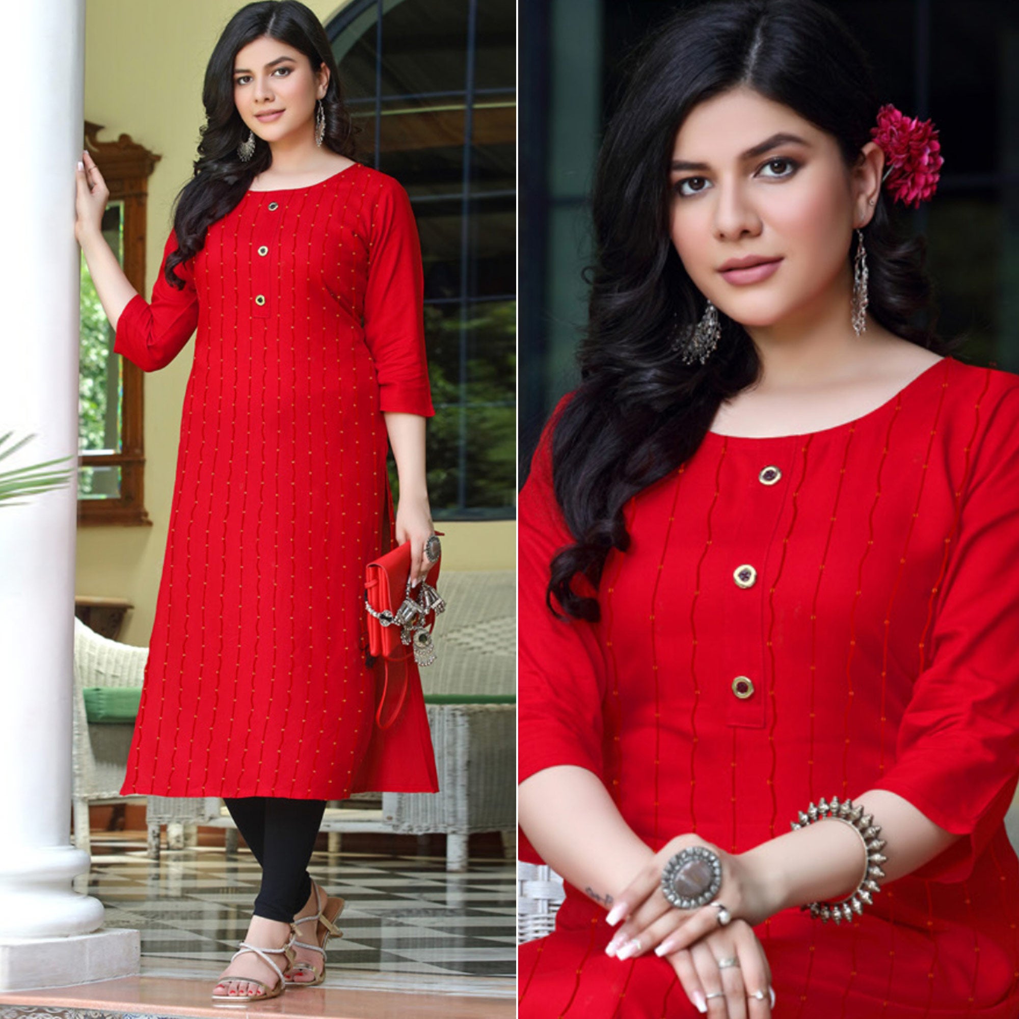 Red Embroidered Rayon Kurti