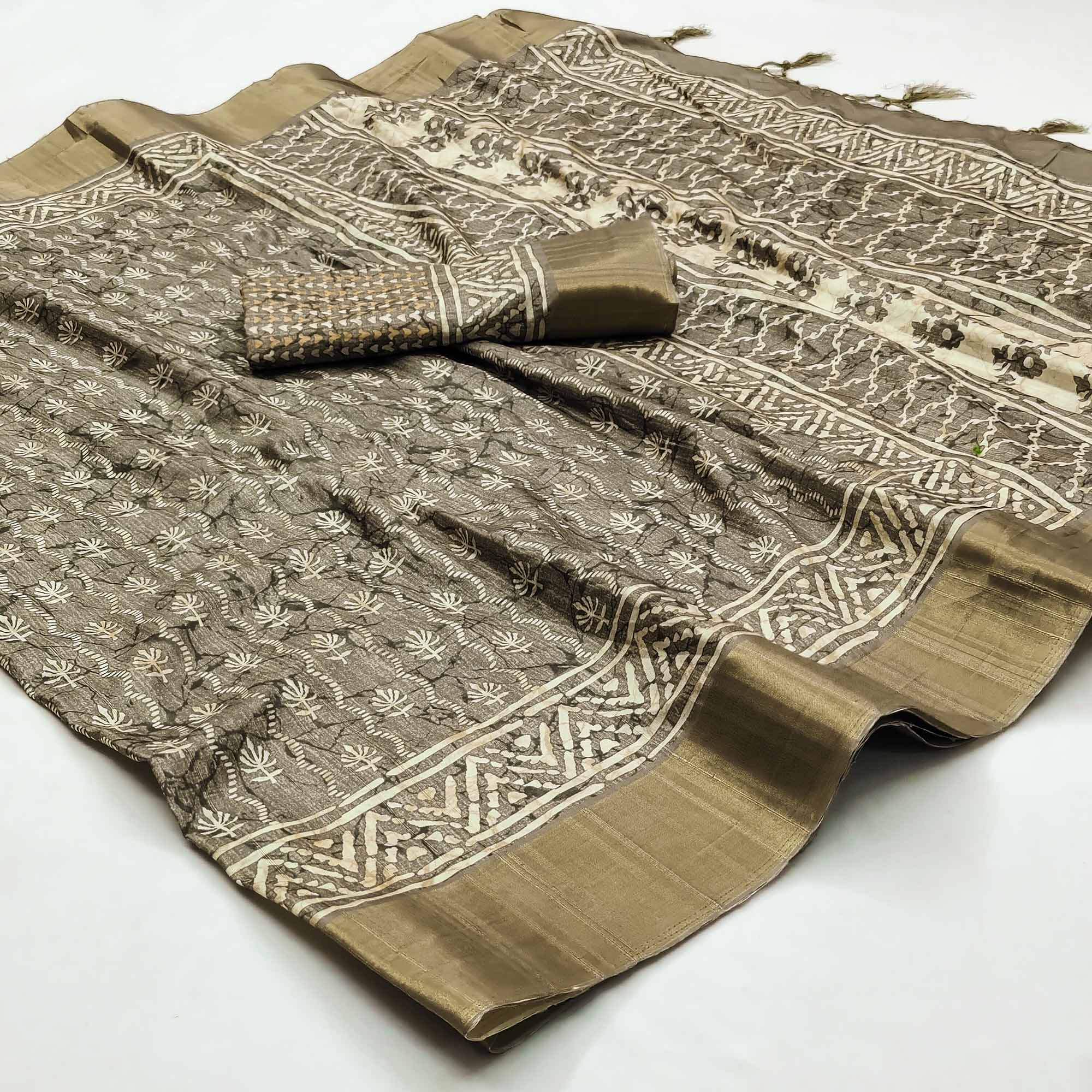 Grey Floral Printed Matka Tussar Saree With Tassels