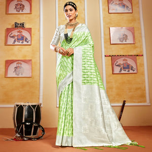 Pista Green Woven Cotton Silk Saree With Tassels