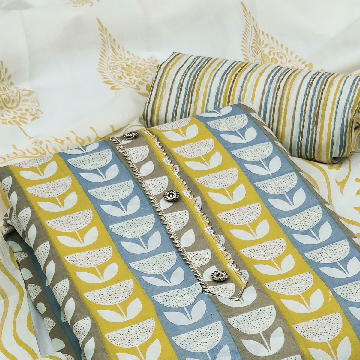 Yellow Printed Cotton Blend Dress Material