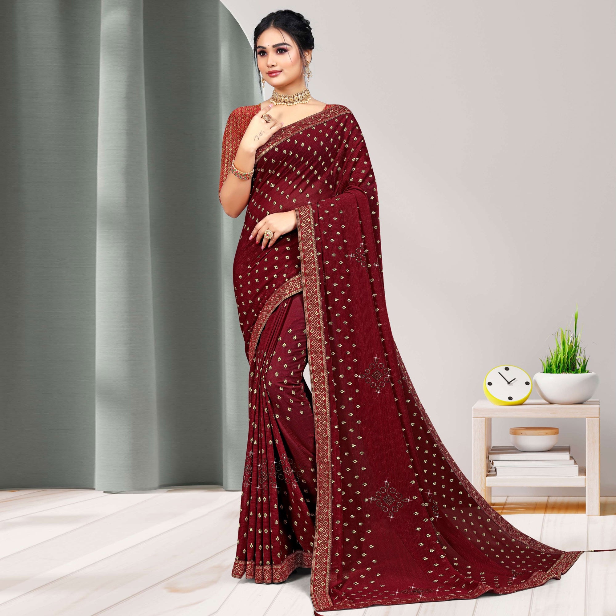 Maroon Woven Chiffon Saree