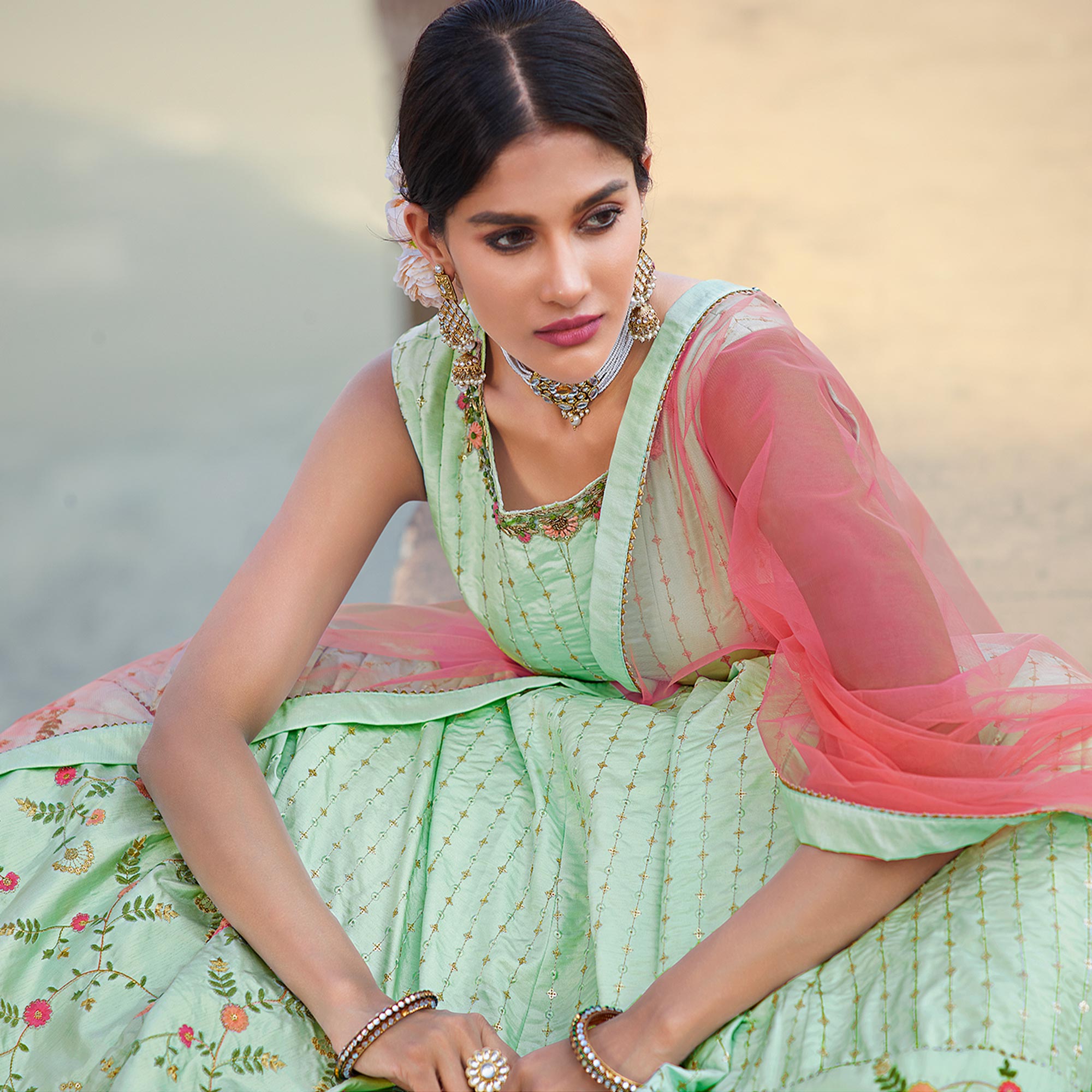 Light Sea Green Sequins Embroidered Raw Silk Gown