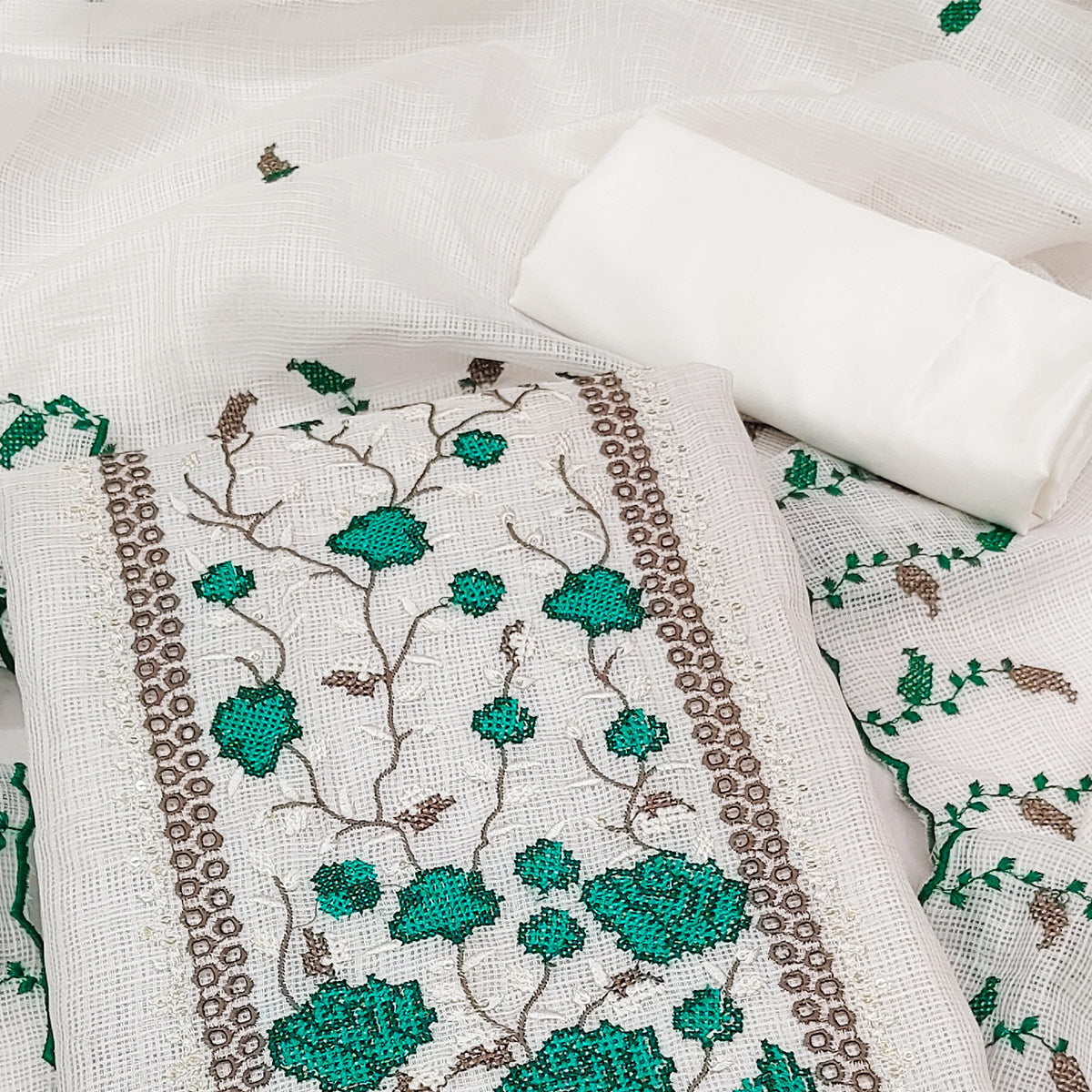 White & Green Floral Embroidered Kota Doria Dress Material
