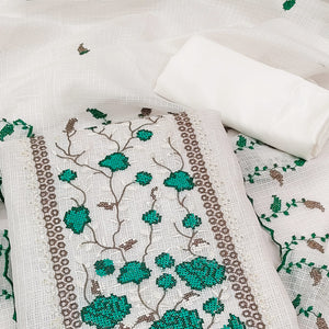 White & Green Floral Embroidered Kota Doria Dress Material